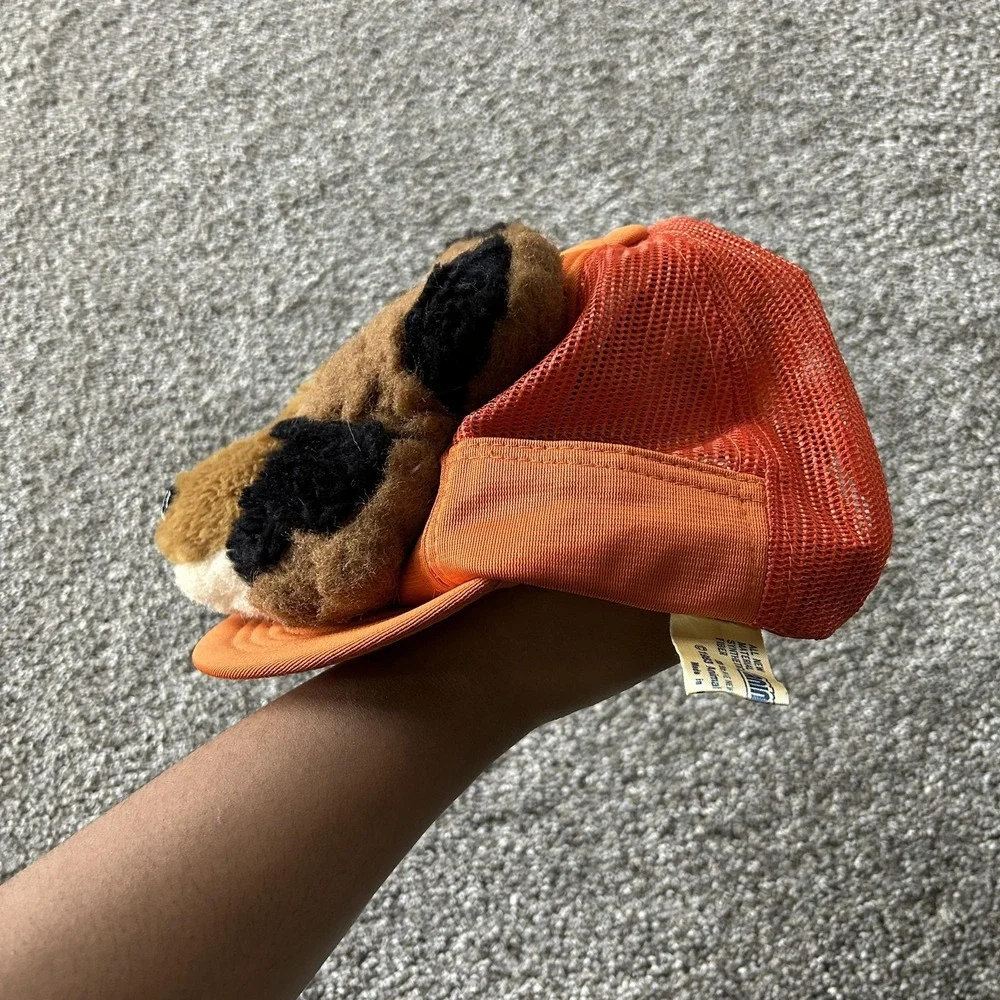 Vintage Animal Toy Hat Cap Snap Back Boys Adjustable Orange Plush Animal 1983
